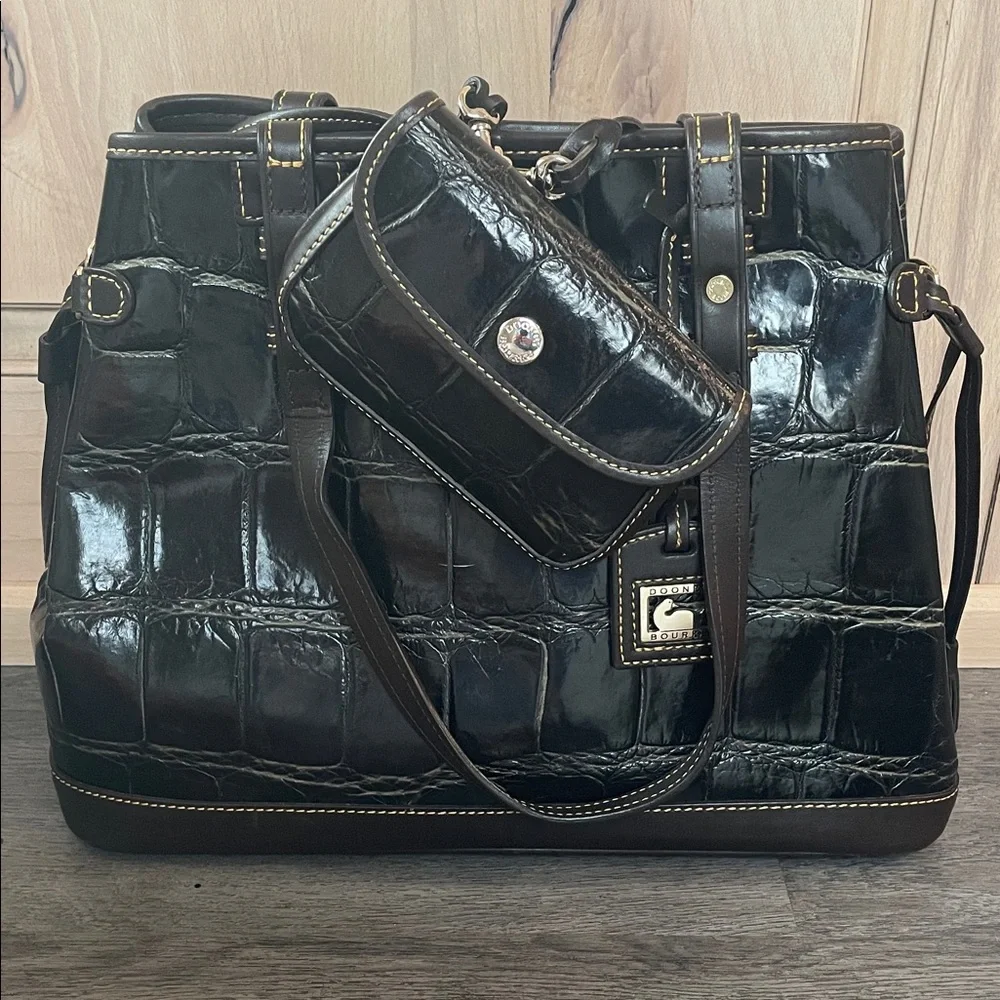 Vintage‎ Dooney & Bourke Croco Embossed Leather Tote - Dark Brown / Black